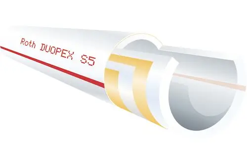 Roth DUOPEX S5, ein Rohr mit einer hellen Oberfläche, innerer Schicht und einer roten Markierung. Abgebildet ist das Rohr in einem perspektivischen Schnitt.